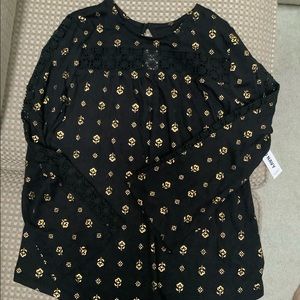 Gold printed Black L/S cotton tee with lace bell sleeves